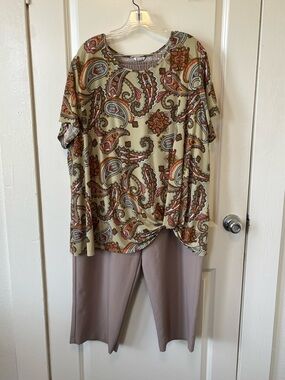 Paisley Knot Front Top in Sage, Rust & Taupe and Taupe Pants